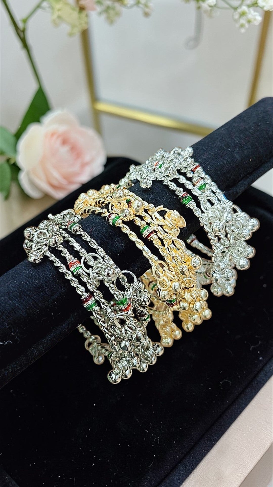 Kashmiri Ghungroo Bangles Set (3 Colors Combo – Silver, Black & Golden) | Premium Glass Bangles | Traditional Indian Ethnic Jewellery Gift Box