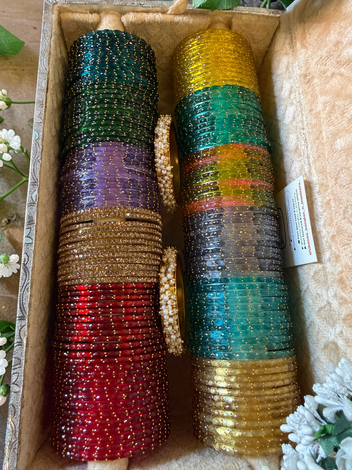 RainDrop Glass Bangles Combo Set (12 Dozen, 12 Colours Box With Golden Pearl Kada 2 Pcs ) | Indian Bangles Set & Jewellery | Richnees Look