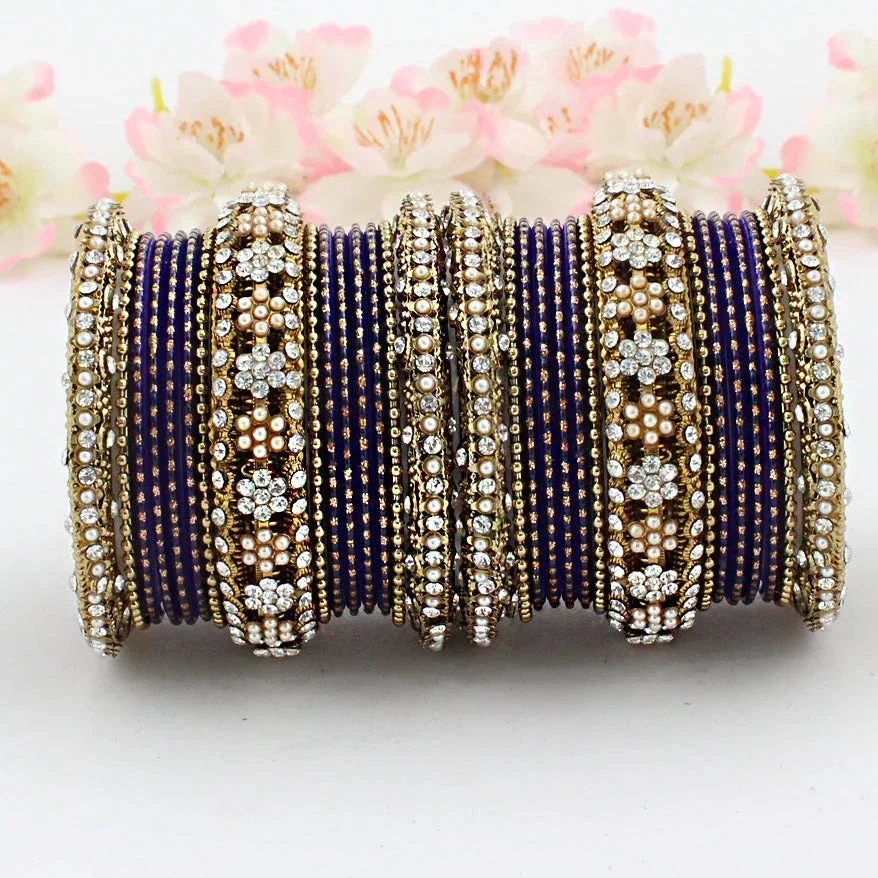 Blue Floral Festive Celeb Bangles Chura Set, Chura Set, Blue Pearl Bangles Set, Blue Wedding Jewellery Set, Celeb Jewellery Set, Indian Jewellery set