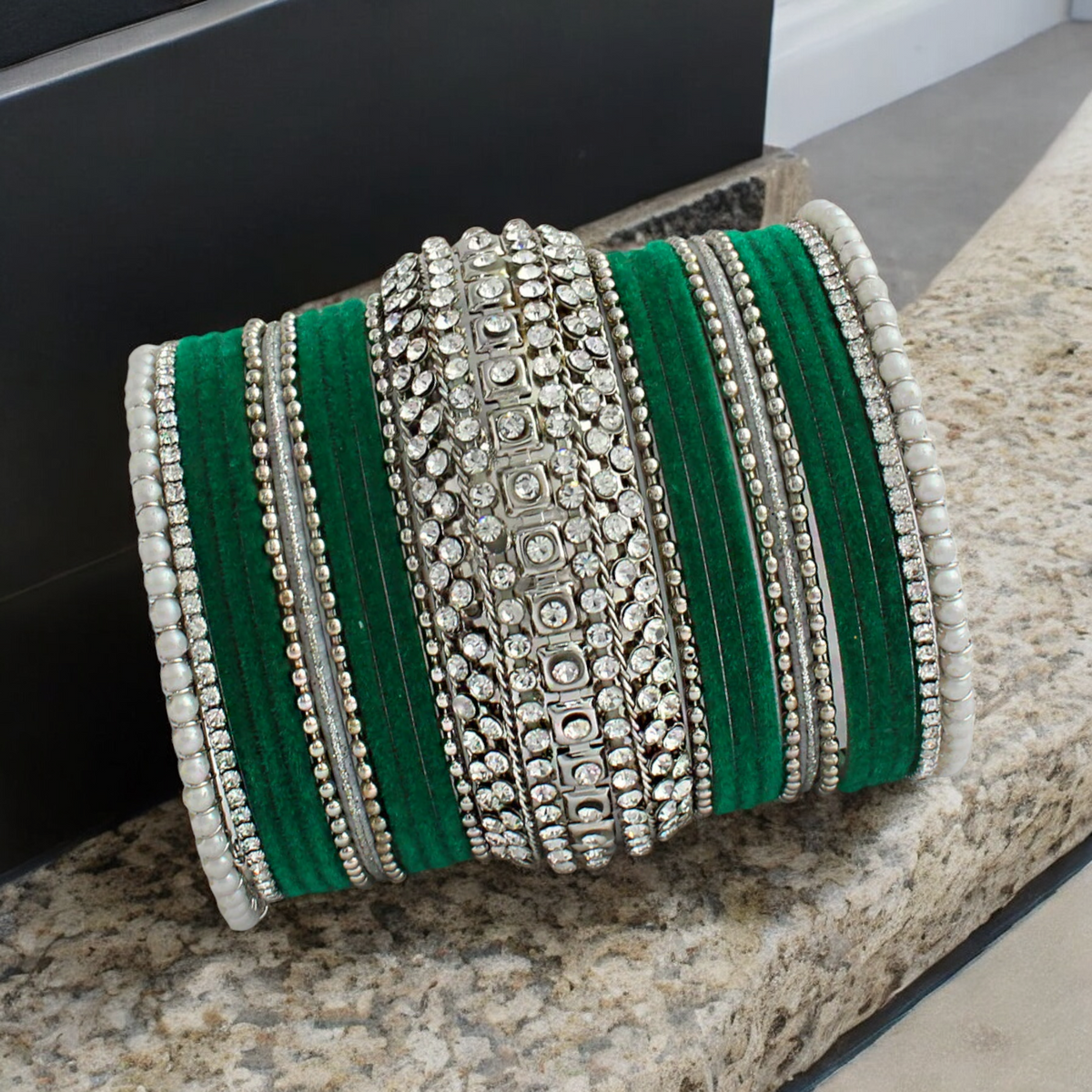 Silver Plated Green Celebrity Chura Bangles Set, Silver Green Bangles Set, Silver Green Jewellery Set, Indian Pearl Jewelry Set, Bollywood Kundan Jewellery