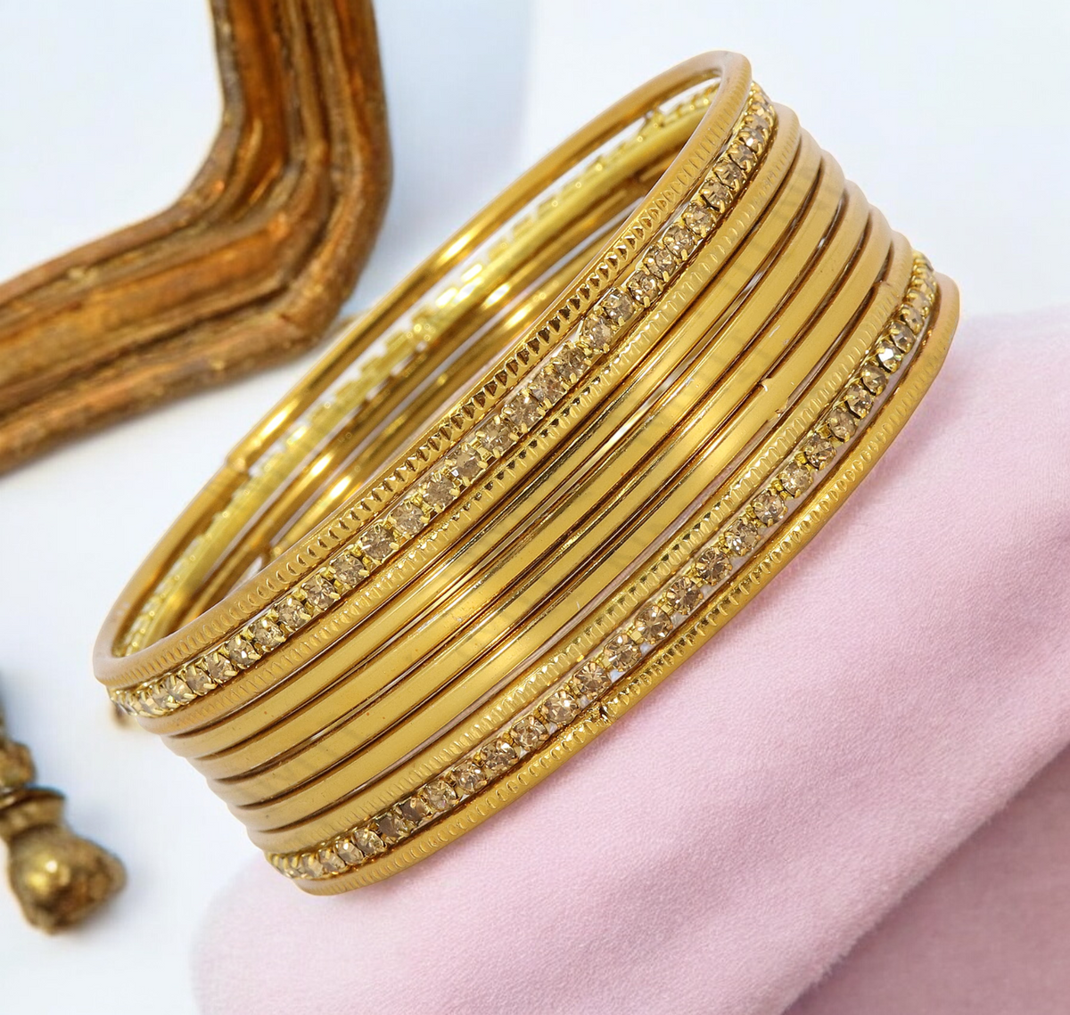 Gold Toned Stone Studded Bridal Bangles Set, Traditional Indian Jewelry, Studded Bangles, Gold Tone Chura Set