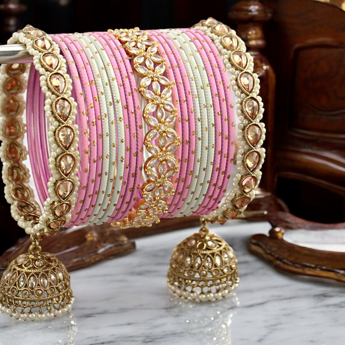 Pink Pearl Wedding Bangle Chura Jhumki Set, Pink Jewellery Set, Pink Bangles Jhumki Set, Bridal Pearl Jewelry Set