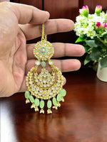 Green & Gold Plated Kundan Maang Tikka with Beads | Bridal & Festive Hair Jewelry
