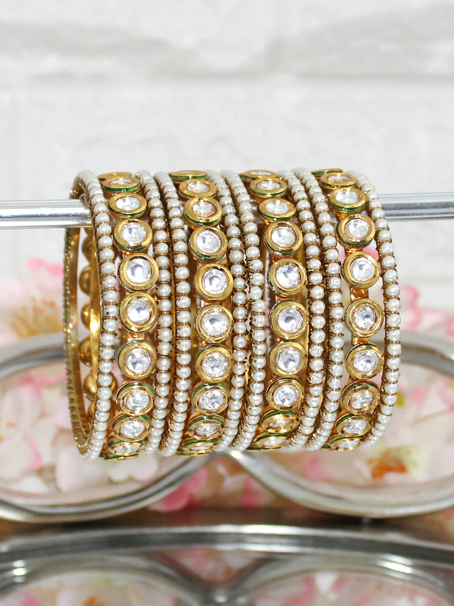 Exquisite Pearl Studded Kundan Bangles Set, Ethnic Jewelry Set, Gold Plated Bridal Jewelry, Wedding Pearl bangles, Kundan Chura Set