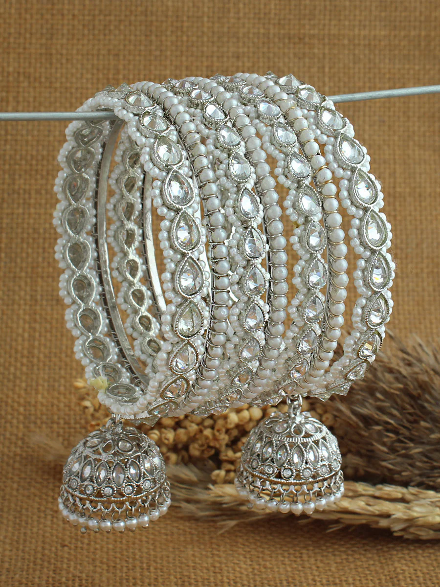 Indian Silver Pearl Bangle Jhumki Set, Silver Chura Jhumki Set, Silver Jewellery Set, Silver Wedding Bangles, Pearl Silver Jewelry, Pakistani Jewelry