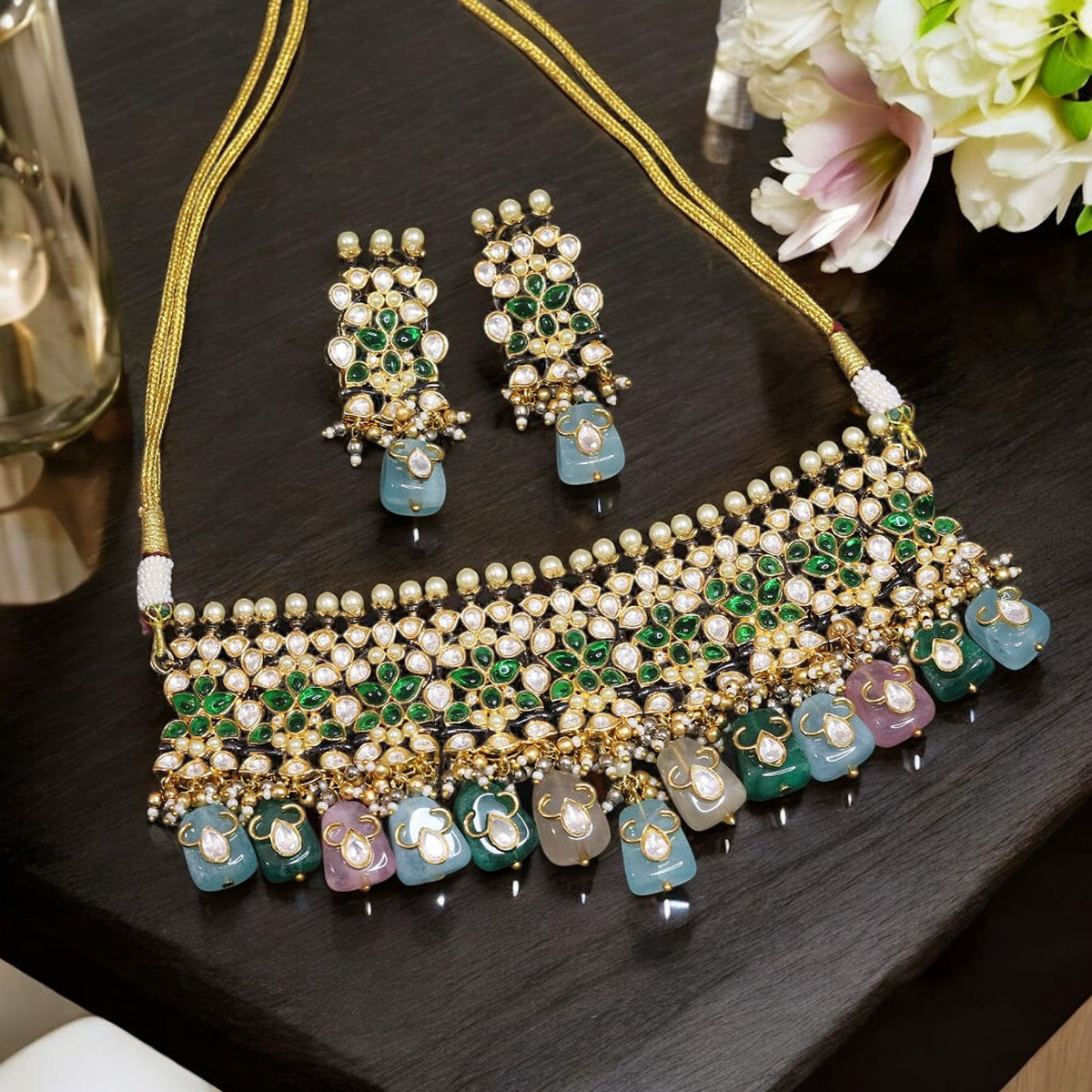 Multicolor Intricate Floral Choker Earrings Set, Choker Set, Indian Bollywood Necklace Set, Indian Wedding Bridal Jewelry