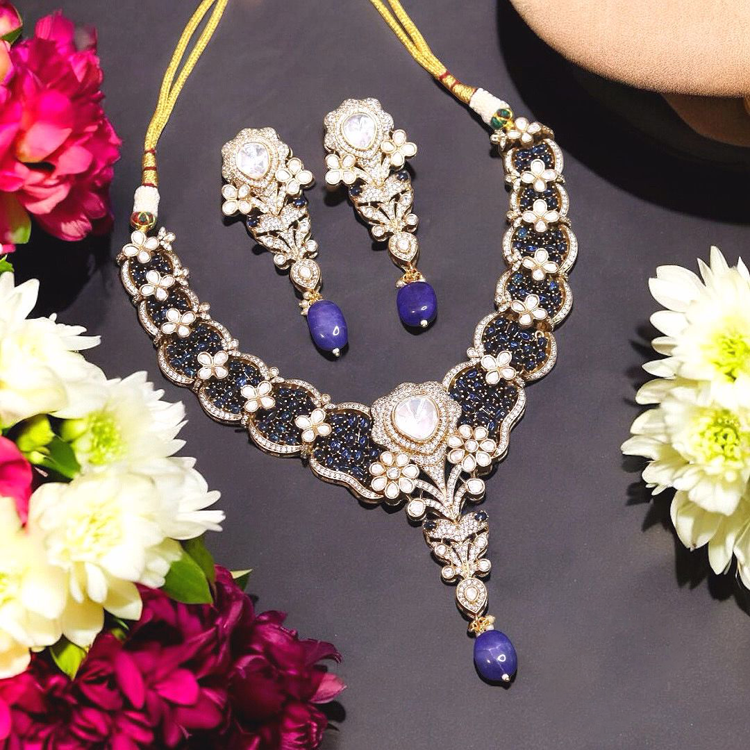Floral Kundan AD Choker Set, Indian Wedding Jewelry, AD Stones Kundan Necklace Set, Indian Bridal Necklace Set