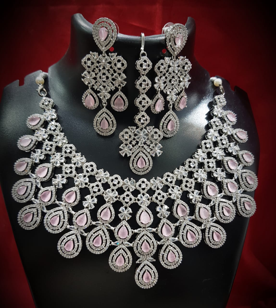 Multilayer Floral American Diamond Choker Jewellery Set, AD Earrings Set, AD Maangtika, CZ Choker Earrings Mangtika Set, Celebrity AD Jewelry, CZ Wedding Choker Set, Indian AD Jewellery