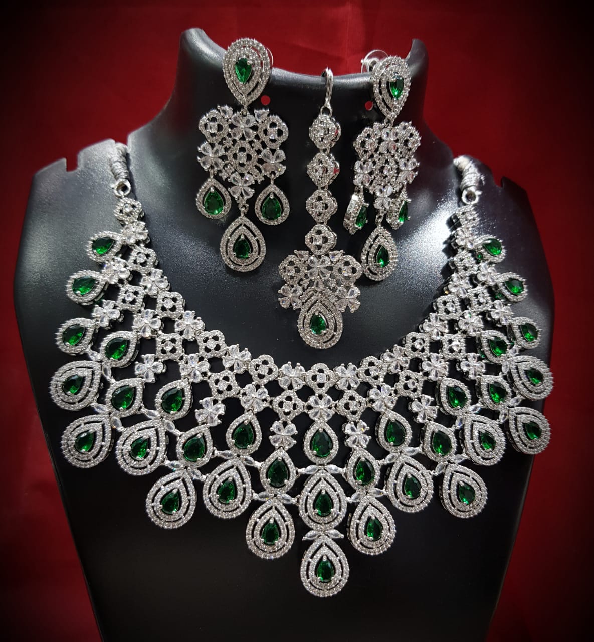 Multilayer Floral American Diamond Choker Jewellery Set, AD Earrings Set, AD Maangtika, CZ Choker Earrings Mangtika Set, Celebrity AD Jewelry, CZ Wedding Choker Set, Indian AD Jewellery