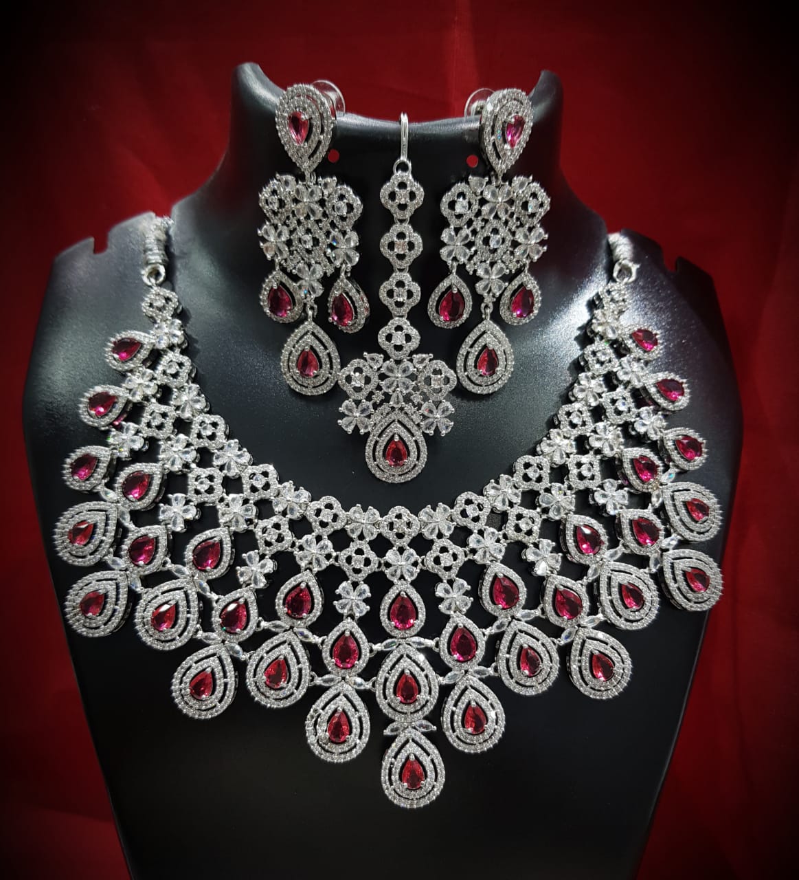 Multilayer Floral American Diamond Choker Jewellery Set, AD Earrings Set, AD Maangtika, CZ Choker Earrings Mangtika Set, Celebrity AD Jewelry, CZ Wedding Choker Set, Indian AD Jewellery