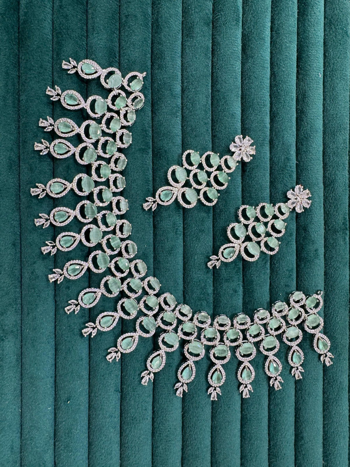 Celebrity American Diamond Leaf Motif Choker Earrings Set, Celebrity CZ Jewellery, AD Jewellery, Bridal CZ Necklace, Wedding Choker Set