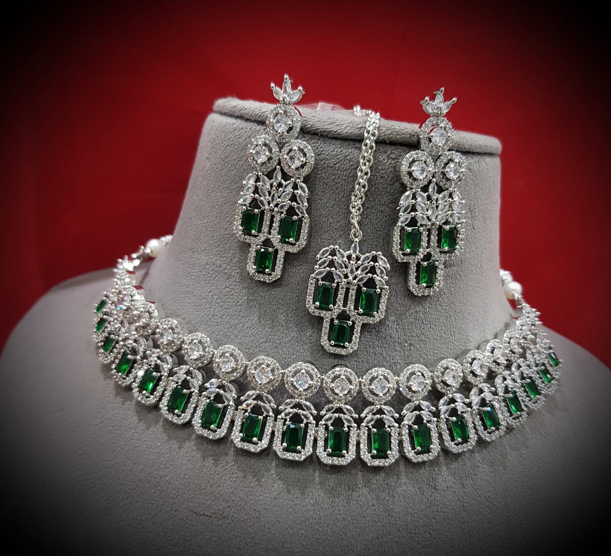 Elegance Bollywood AD Choker Earrings Set, Bollywood CZ Necklace Set, AD Earrings Set, CZ Necklace, Celebrity Jewellery, Pakistani Jewellery
