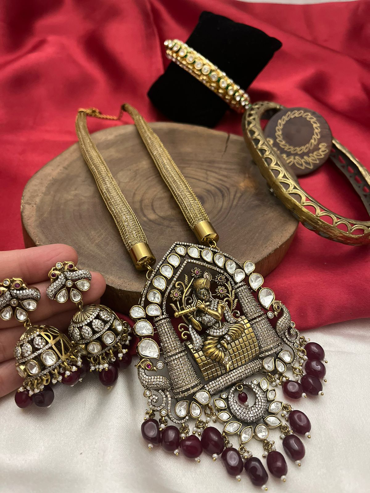 Traditional Red Polki Temple Necklace Jhumki Set, Polki Temple Jewelry, Temple Necklace Set, Red Polki Jewellery, Celebrity Inspired Polki Set, Indian Temple Jewellery Set, Bridal Jhumki Set