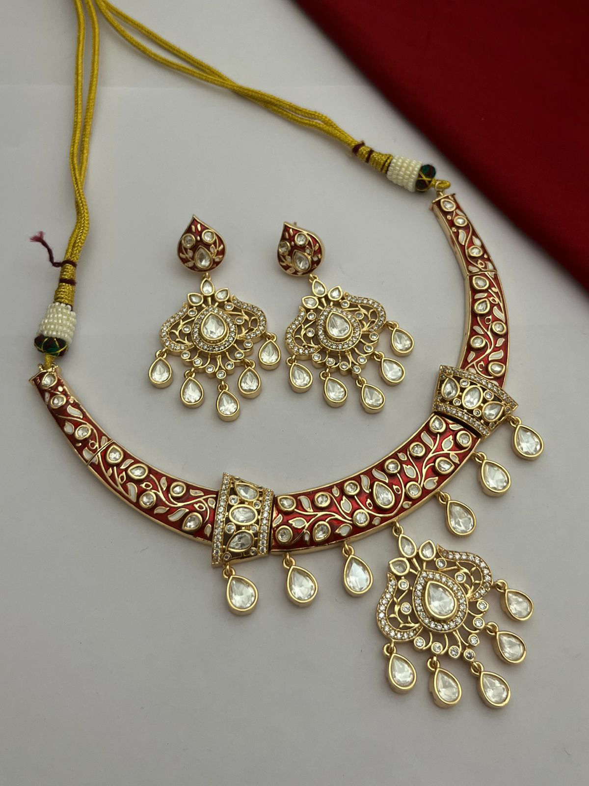 Enamel Drops AD Bridal Choker Floral Earrings Set, AD Wedding Choker Set, Indian Choker Jewelry, Celebrities American Diamond Choker Set, CZ Jewellery