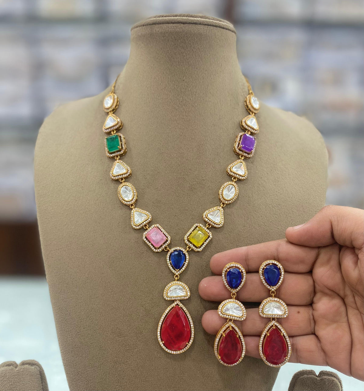 Teardrop Polki Statement Necklace Earrings Set, Teardrop Polki Jewellery, Teardrop Necklace Set, Polki Celebrities Jewellery