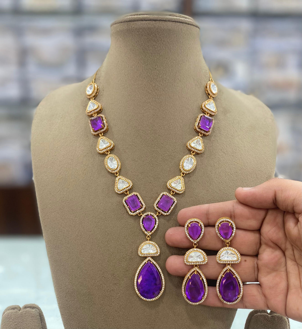 Teardrop Polki Statement Necklace Earrings Set, Teardrop Polki Jewellery, Teardrop Necklace Set, Polki Celebrities Jewellery