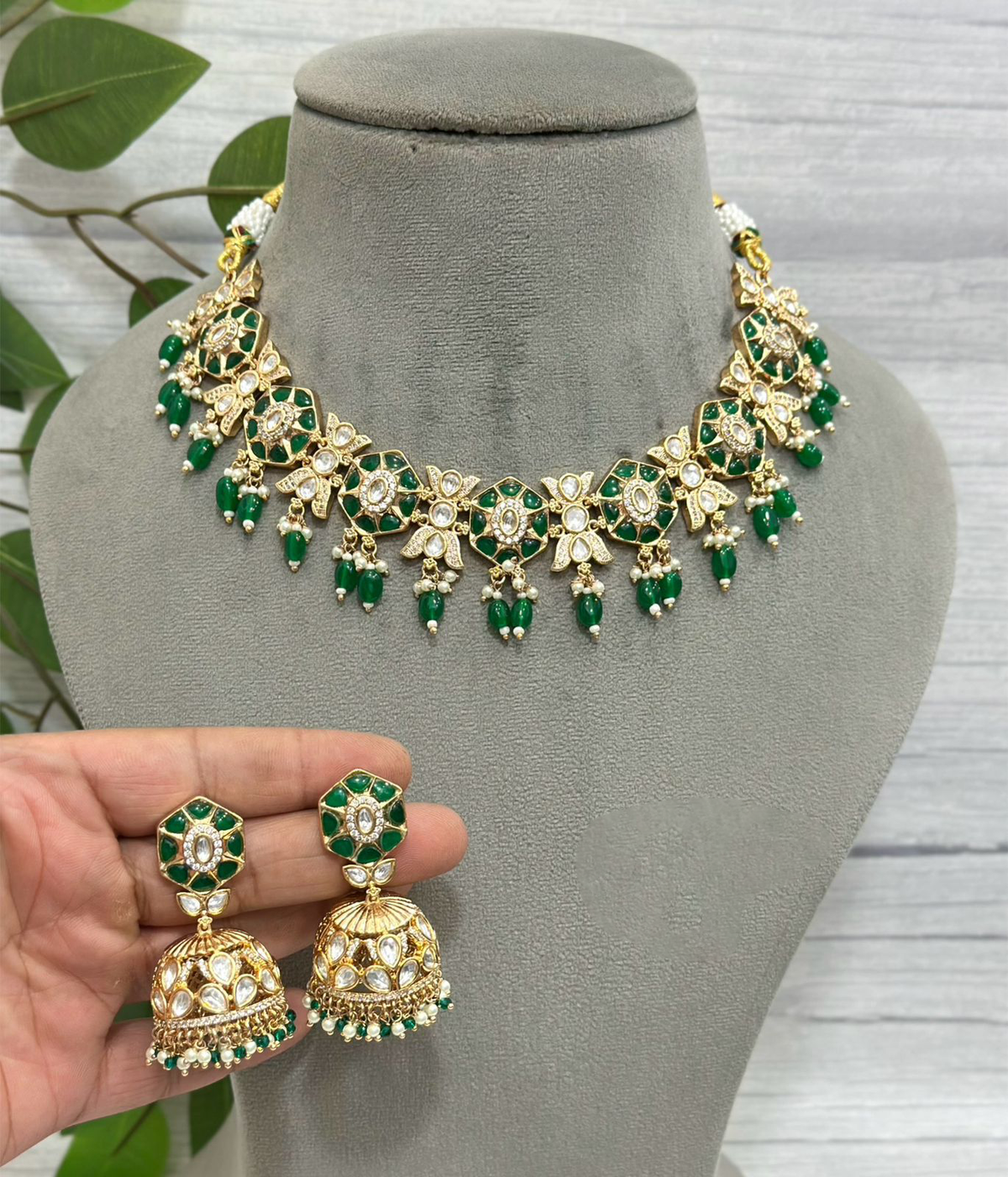 Indian Green Floral Choker Jhumki Set, Bridal Green Jewelry, Wedding Choker Set, Pakistani Choker Jewellery Set, Wedding Jewellery Set