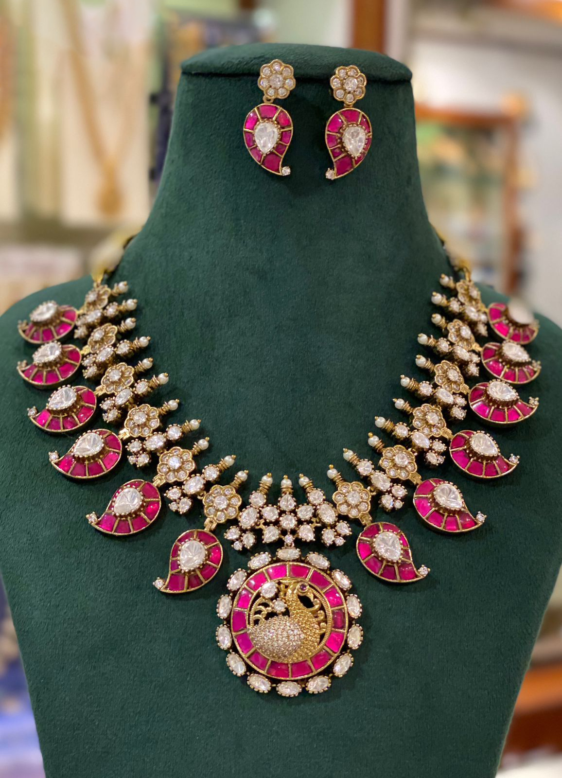 Indian Peacock Inspired Necklace Earrings Set, Peacock Bridal Jewelry Set, Pakistani Bird Jewelry, Bollywood Necklace Set