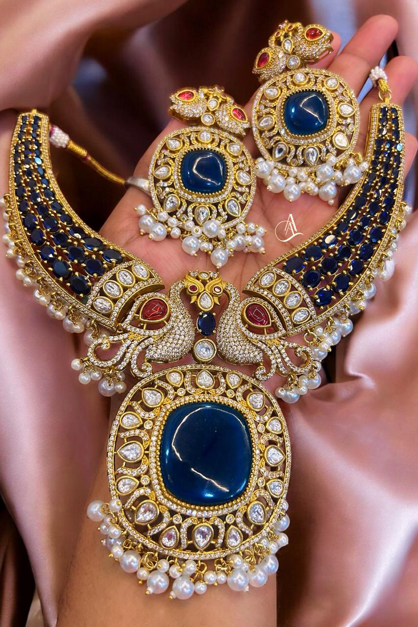 Blue Polki Peacock Design Choker Set, Indian Peacock Designed jewelry, Blue Choker Set, Celebrity Polki Choker Set