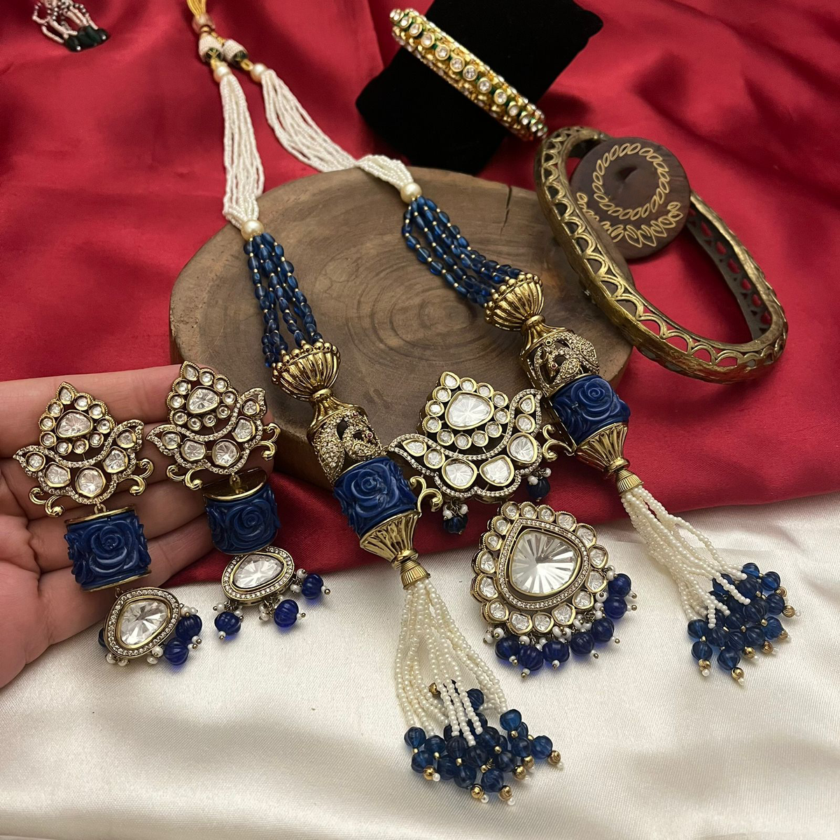 Handcrafted Jaipuri Polki Necklace Earrings Set, Rajsthani Traditional Polki Jewelry Set, Indian Ethnic Necklace Set, Jaipuri Polki Jewelry Set