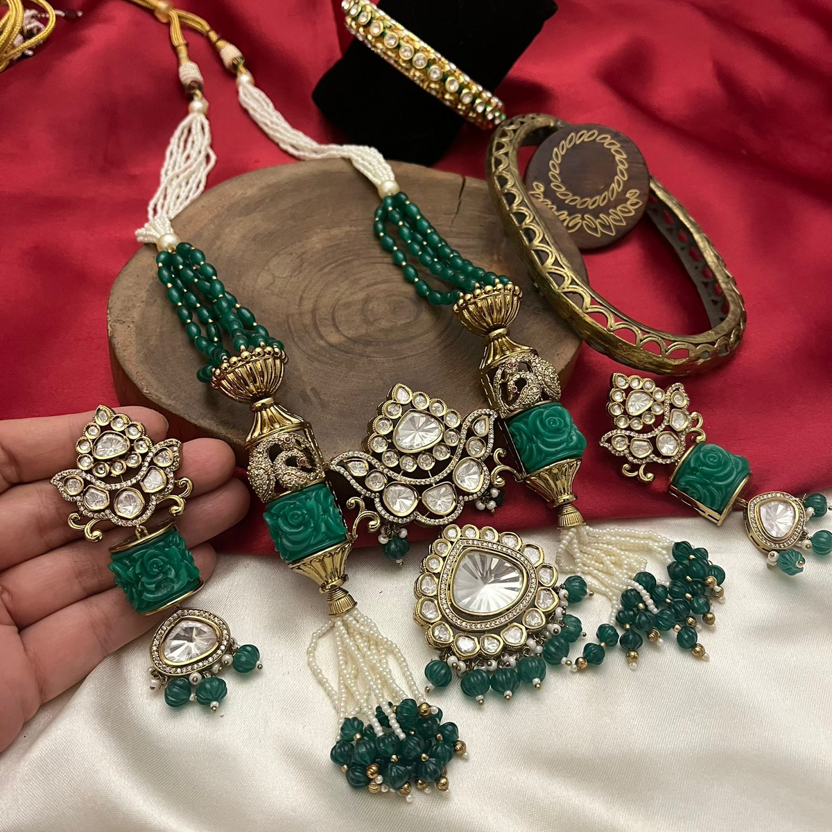 Handcrafted Jaipuri Polki Necklace Earrings Set, Rajsthani Traditional Polki Jewelry Set, Indian Ethnic Necklace Set, Jaipuri Polki Jewelry Set