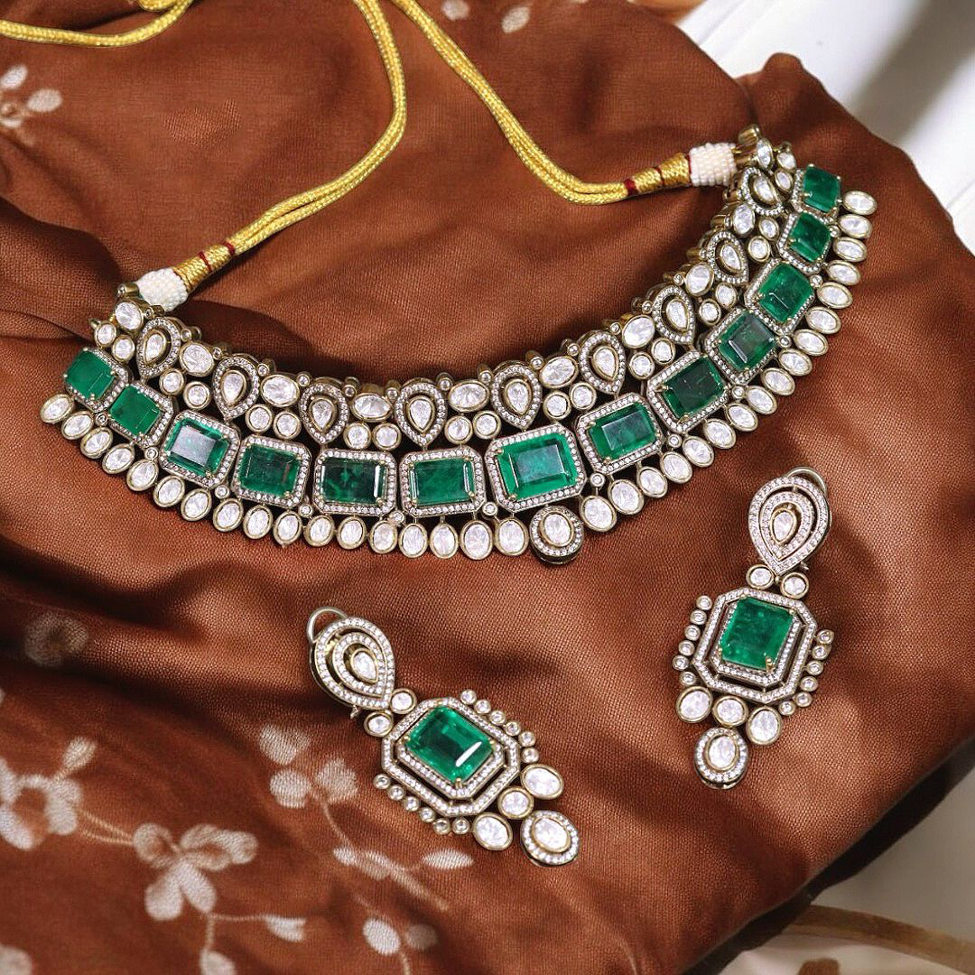 Bollywood Green Polki Choker Jewelry Set, Indian Polki Choker Set, Pakistani Choker Set, Wedding Choker Set