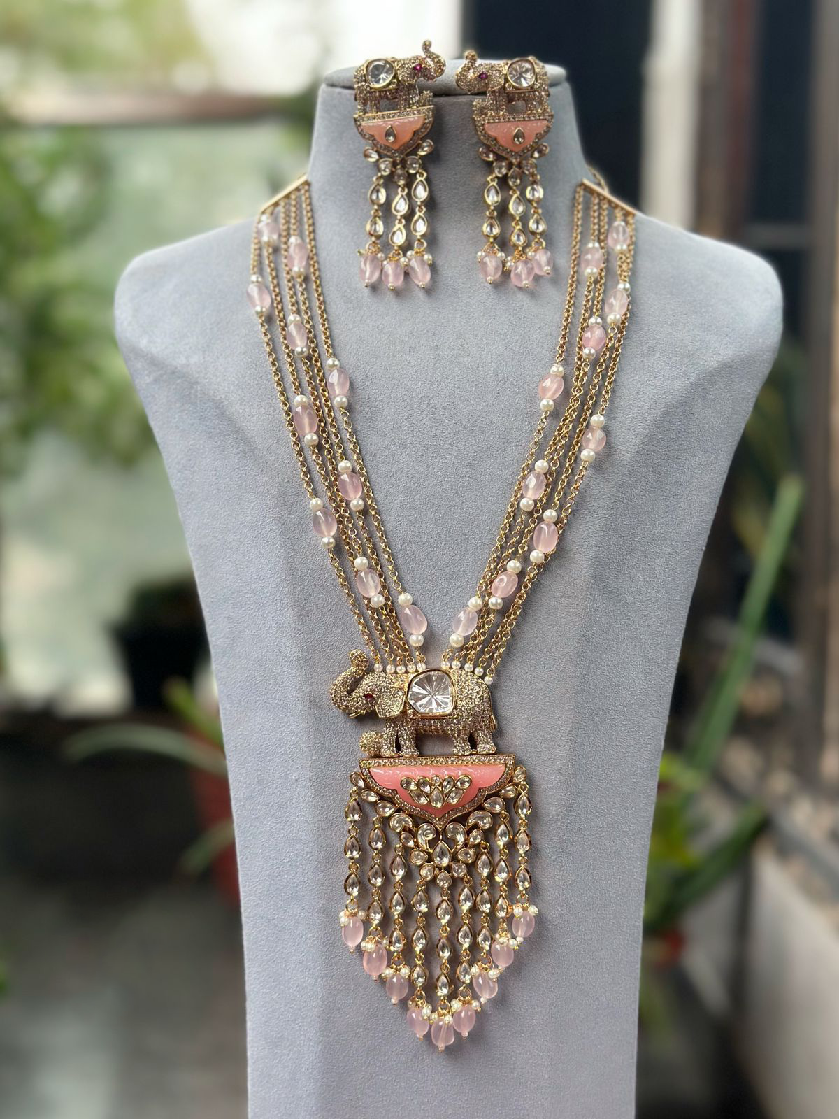 Elephant Inspired Celebrity Necklace Earrings Set, Elephant Design Indian Jewelry, Elephant Necklace Set, Bollywood Polki Neckace Set