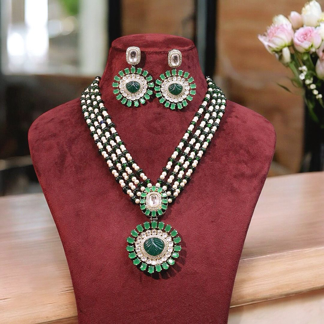 Emerald Green Multi Layer Polki Necklace Set, Green Polki Jewelry, Indian Polki Jewelry Set, Pakistani Necklace Set, Bollywood Necklace Set