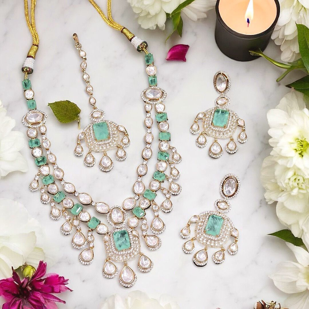 Silver Mint Layered Polki Necklace Earrings Maangtika Set, Indian Polki Jewelry, Celebrity Polki Necklace Jewwery Set, Bollywood Inspired Necklace Set, Pakistani Necklace Set