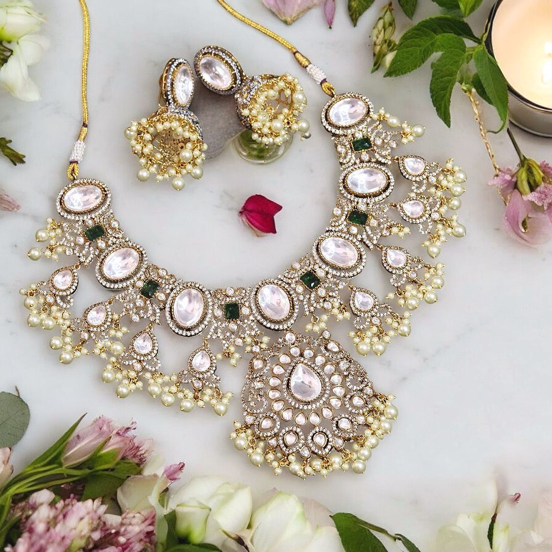 Celebrities Inspired Polki Necklace Jhumki Set, Bollywood Polki Choker Jewelry Set, Indian Polki Necklace Set, Pakistani Polki Choker Set