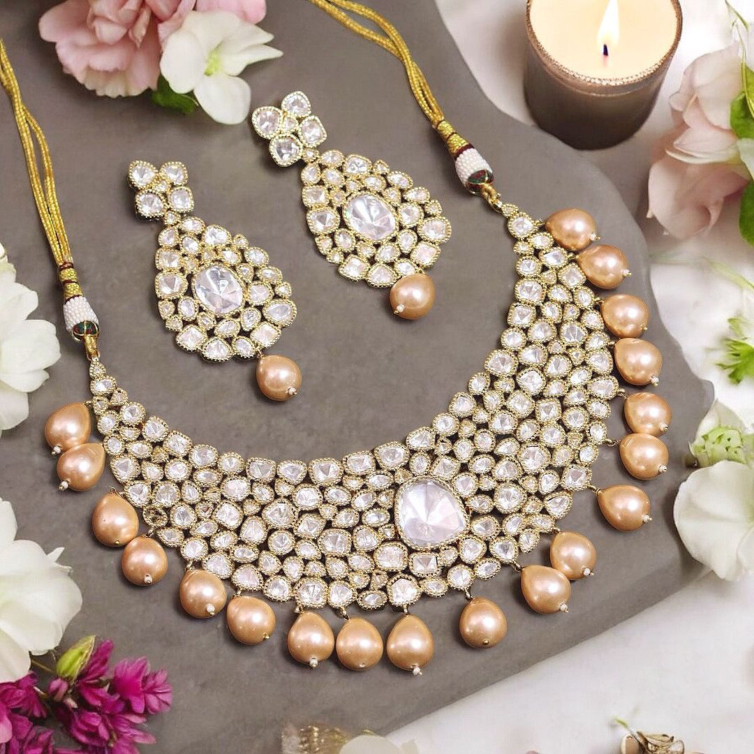 Silver Peach Stone Beaded Polki Choker Set, Bridal Silver Polki Jewelry, Indian Silver Polki Choker Set, Bollywood Polki jewelry Set, Celebrity Polki Jewelry