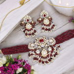 Exquisite Red Floral Polki Choker Earrings Set, Red Polki Indian Jewelry, Handmade Polki Jewelry, Wedding Polki Choker Set, Pakistani Choker
