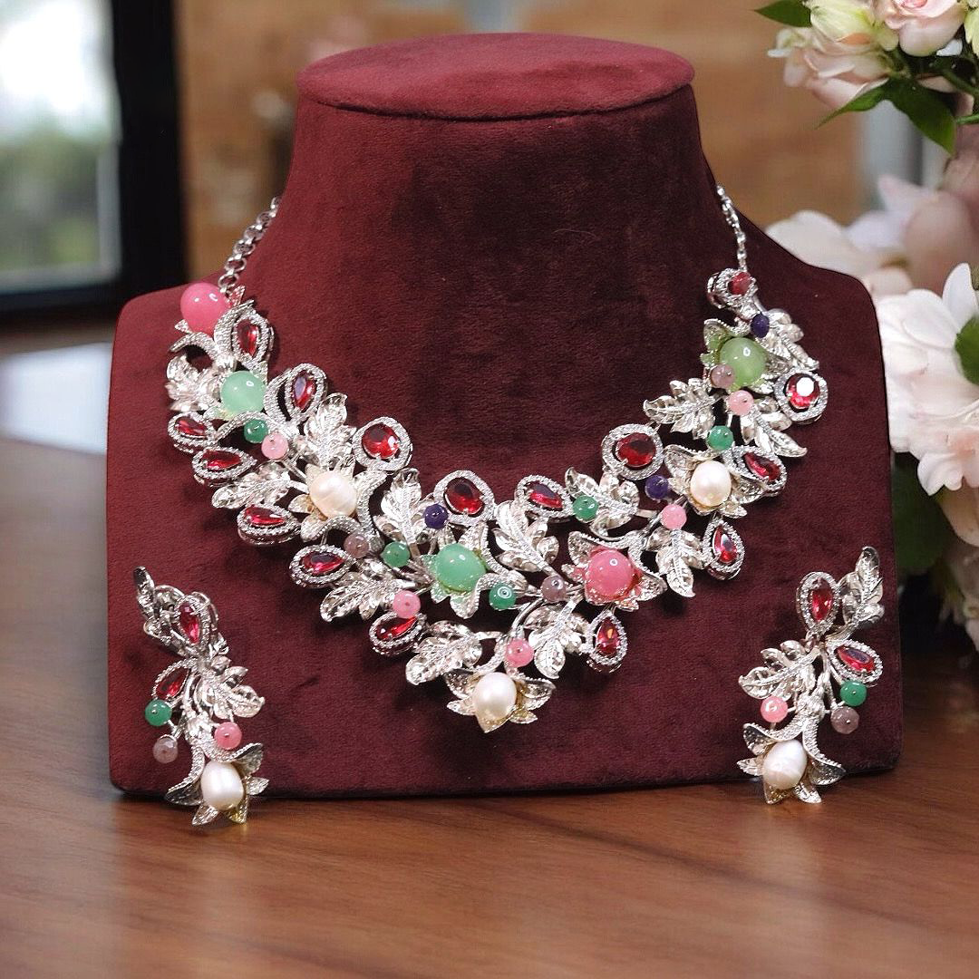 Multicolor Gemstones Bridal Choker Set, Pakistani Floral AD Choker Set, Wedding Indian Polki Choker Set, Bollywood Jewelry Set