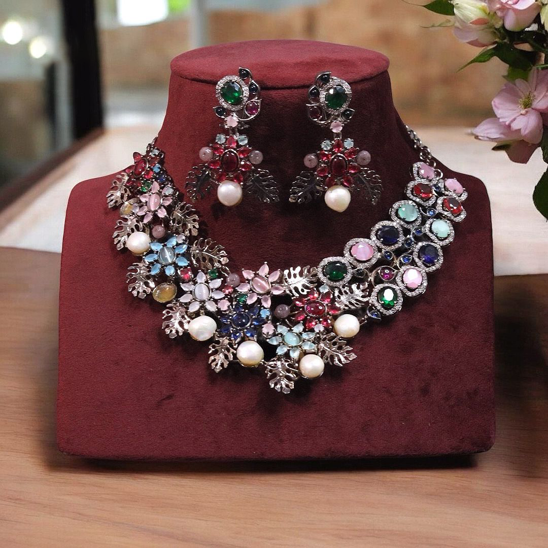 Handcrafted Multicolor Floral Indian Choker Set, Bridal Polki Multicolor Choker Set, Multicolor Polki Pakistani choker Set, Celebrty Polki Jewelry