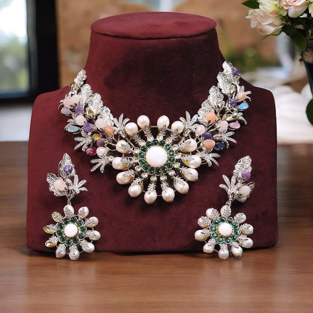 Multicolored Stones Pakistani Necklace Matching Floral Earrings Set, Floral Polki Jewelry, Indian Floral Designed Jewelry Set, Celebrity Inspired Necklace Set, Wedding Jewlery