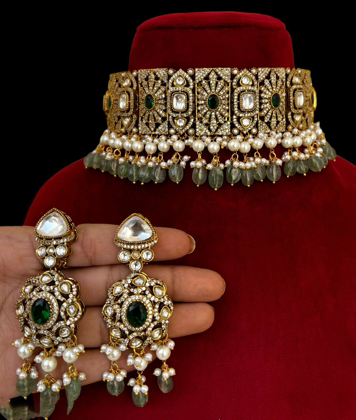 Antique Gold Plated Indian Polki Choker Earrings Set, Bollywood Designed Choker Set, Polki Jewery Set, Celebrity Inspired Polki Choker Set