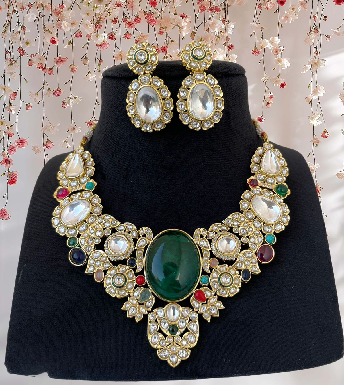 Emerald Multi Gemstone Indian Choker Set, Pakistani Polki Choker Earrings Set, Celebrity Polki Jewelry, Bollywood Polki Jewery Set, Choker Set