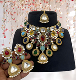 Lotus Designed Multicolored Polki Indian Choker Earrings Set, Floral Pakistani Polki Choker Set, Bohemian Chic Jewelry, Indian Floral Jewelry Set, Multicolor Bridal Choker Set, Bollywood Polki Choker Set