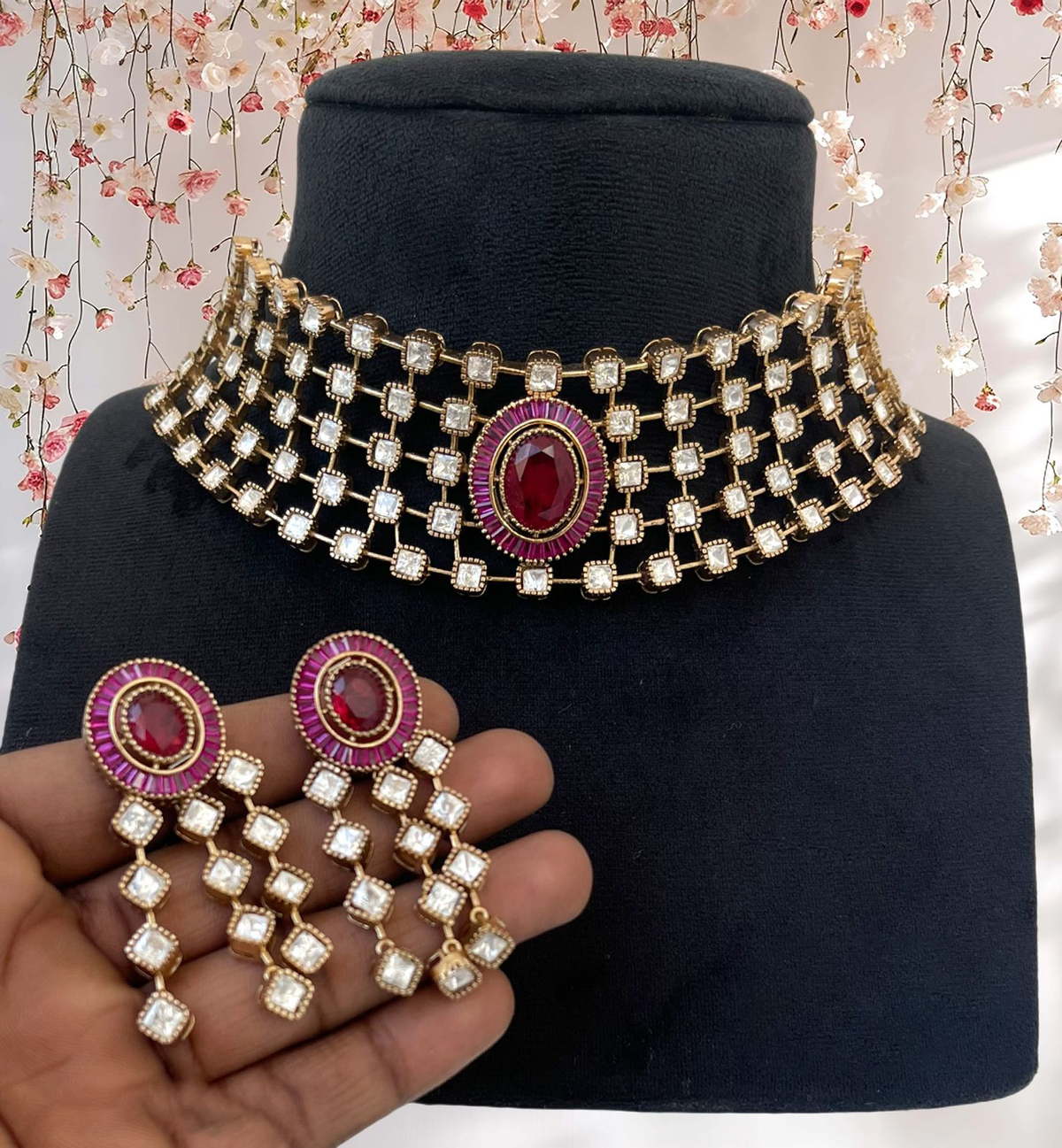 Royal Ruby Gold Tone Polki Choker Set, Royal Layer Indian Choker Set, Bollywood Inspired Polki Set, Wedding Polki Jewelry, Pakistani Polki Choker Set, Bridal Jewelry