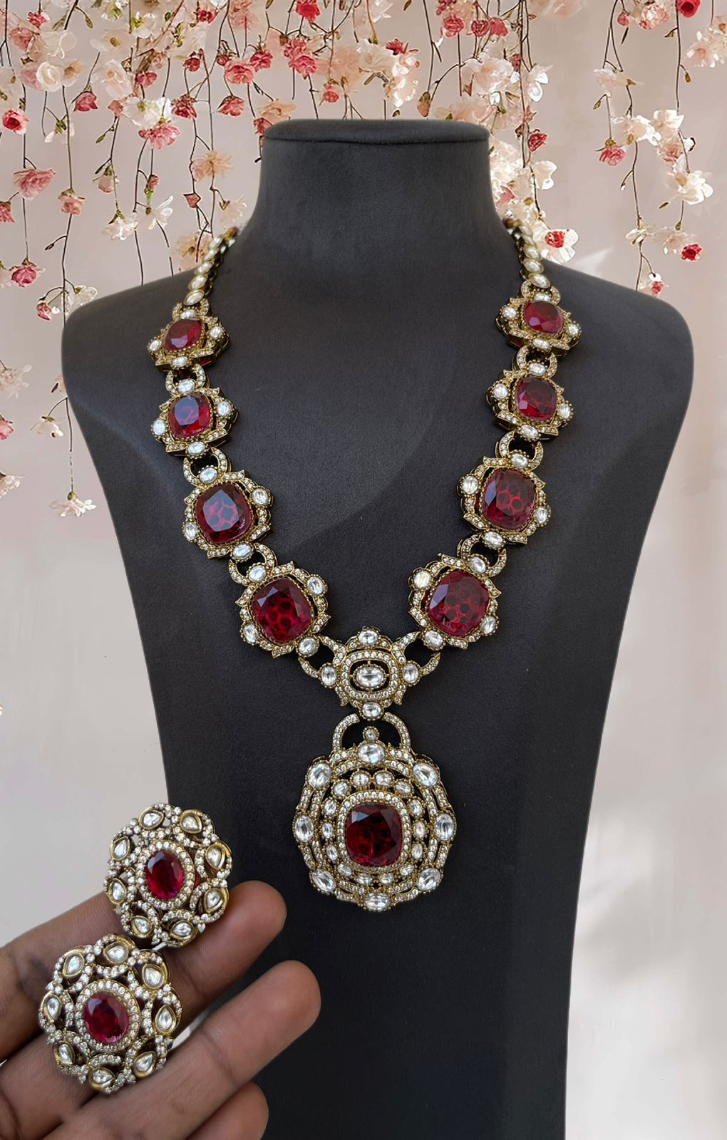 Royal Radiance Statement Polki Necklace Set, Indian Polki Jewelry, Red Pakistani Necklace Set, Celebrity Inspired Polki Jewerly, Bollywood Polki Bridal Necklace Set, Wedding Jewelry Set