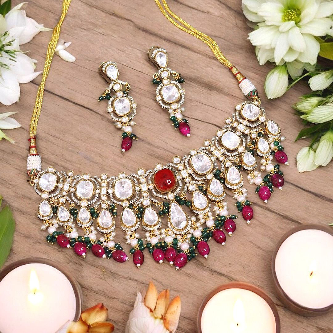Pakistani Polki Beaded Choker Set, Indian Polki Set, Bollywood Design Polki Jewelry Set, Celebrity Polki Jewelry Set