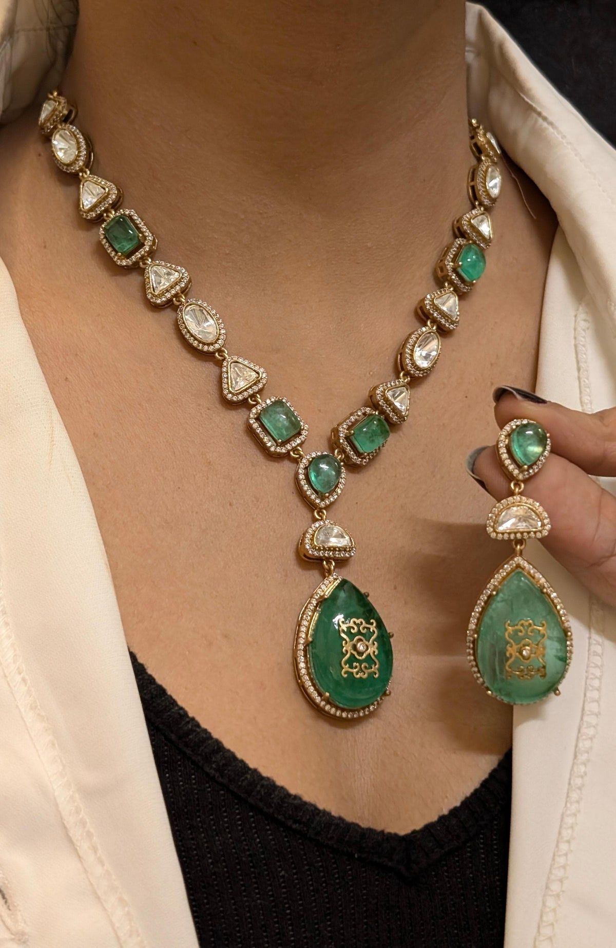 Glamorous Celebrity Statement Polki Necklace Matching Earrings, Celebrities Inspired Polki Necklace Set, Bollywood Designed Polki Jewelry Set