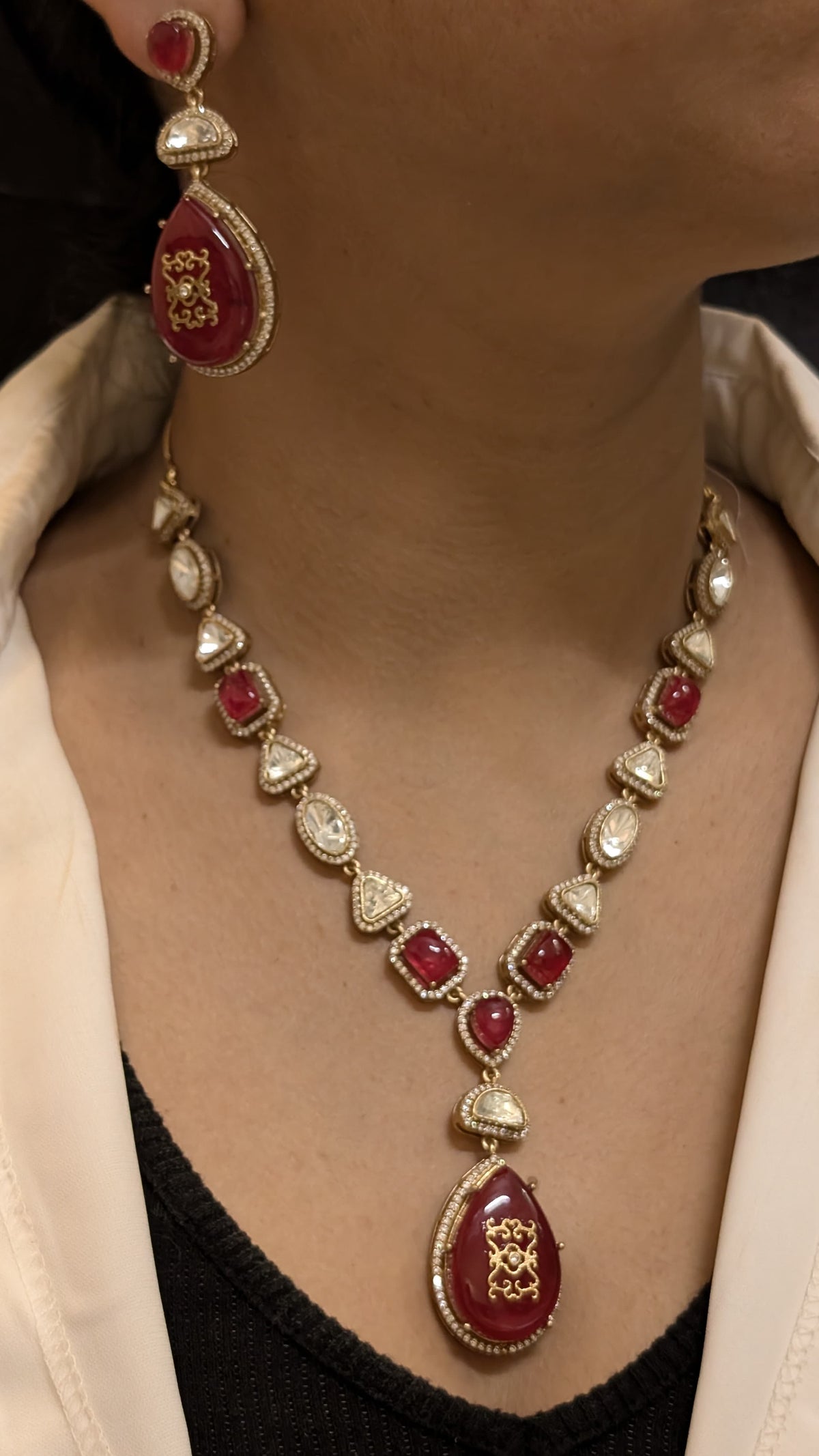 Glamorous Celebrity Statement Polki Necklace Matching Earrings, Celebrities Inspired Polki Necklace Set, Bollywood Designed Polki Jewelry Set