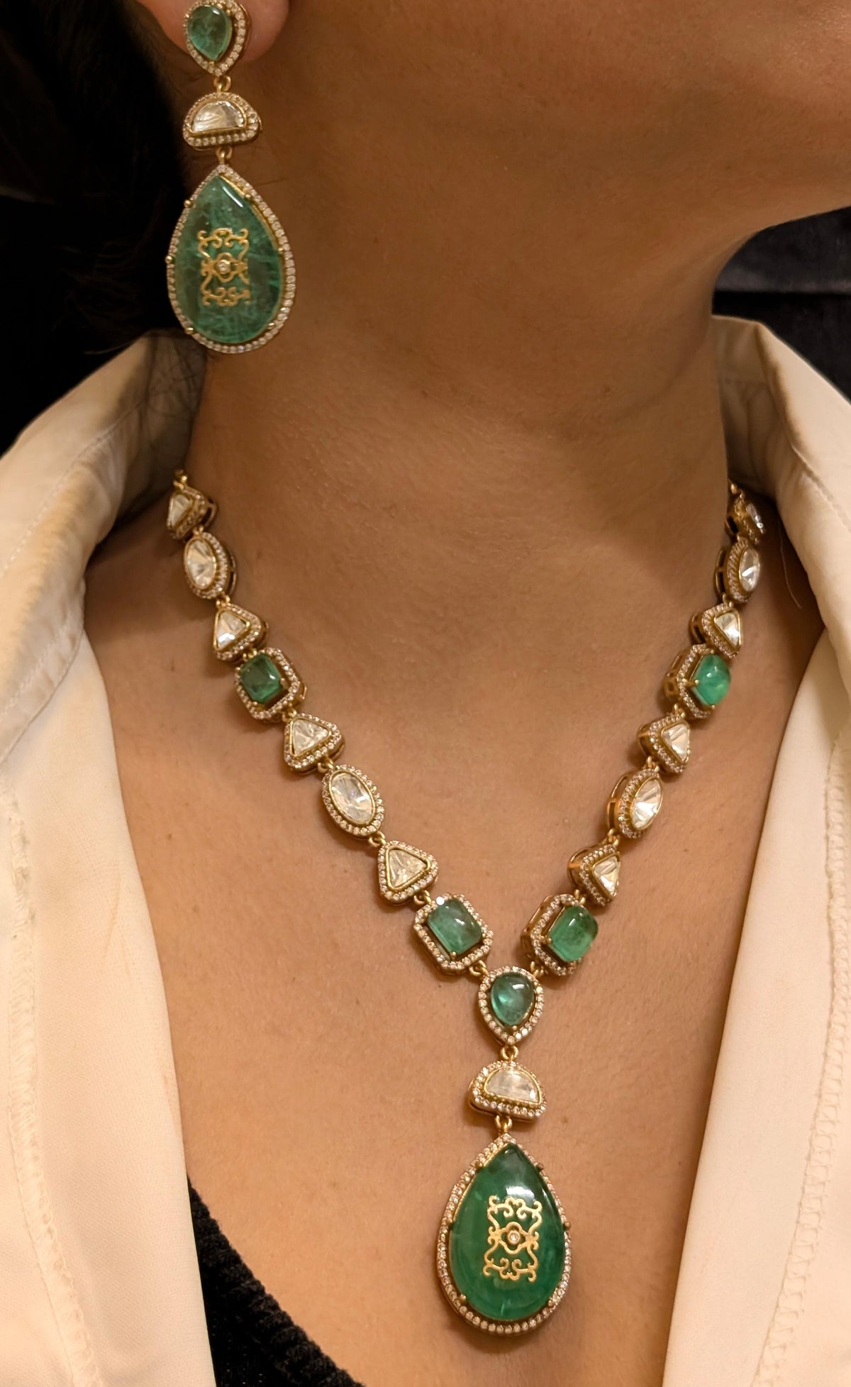 Glamorous Celebrity Statement Polki Necklace Matching Earrings, Celebrities Inspired Polki Necklace Set, Bollywood Designed Polki Jewelry Set