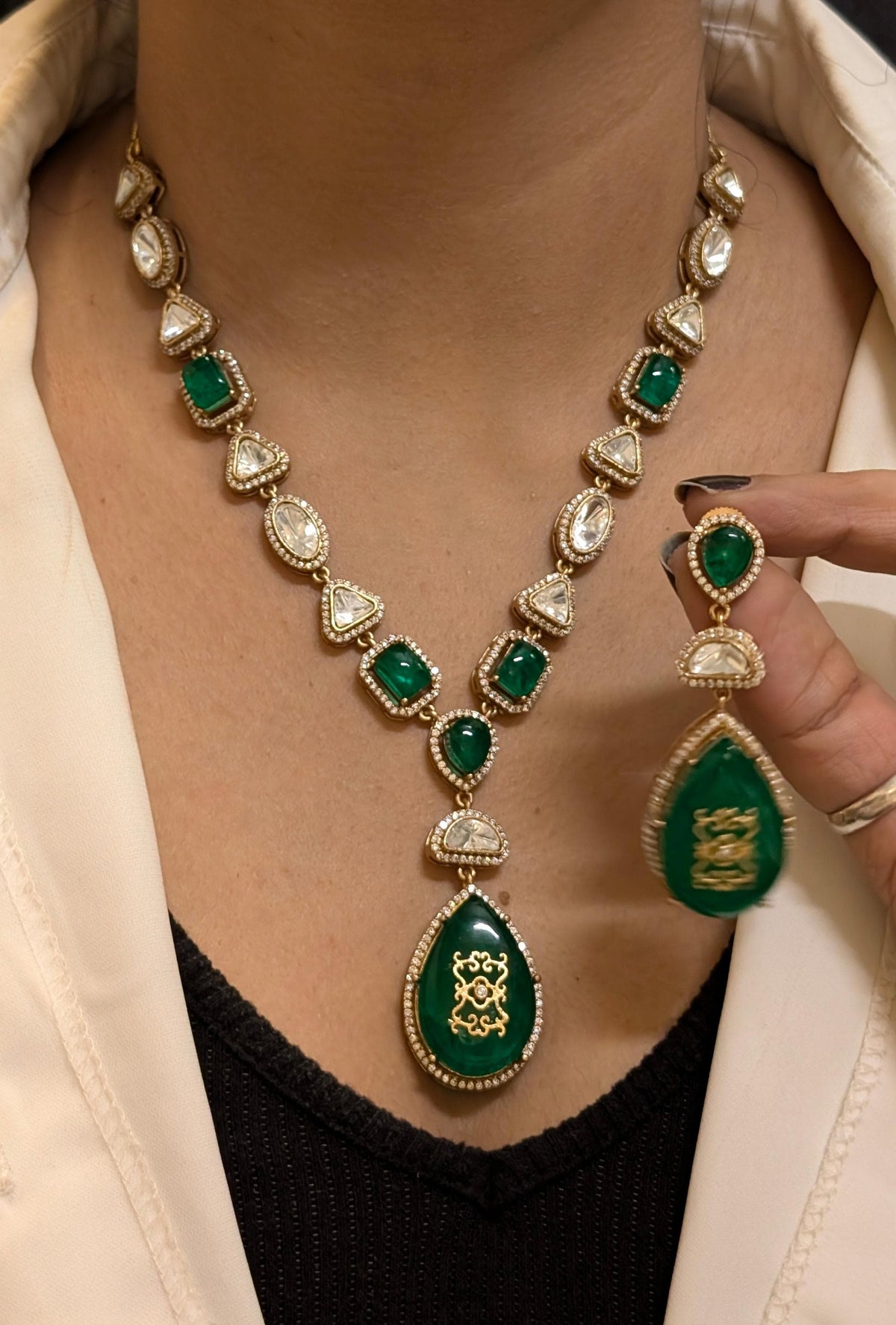 Glamorous Celebrity Statement Polki Necklace Matching Earrings, Celebrities Inspired Polki Necklace Set, Bollywood Designed Polki Jewelry Set