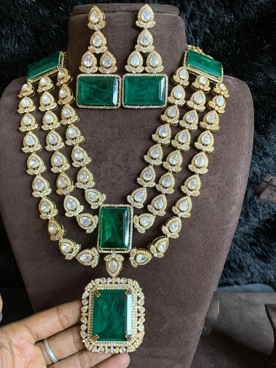 Multi Layer Emerald Green Polki Indian Necklace Set, Emerald Green Polki Jewelry Set, Emerald Polki Necklace Set, Bollywood Polki Necklace Set, Celebrity Polki Jewelry Set