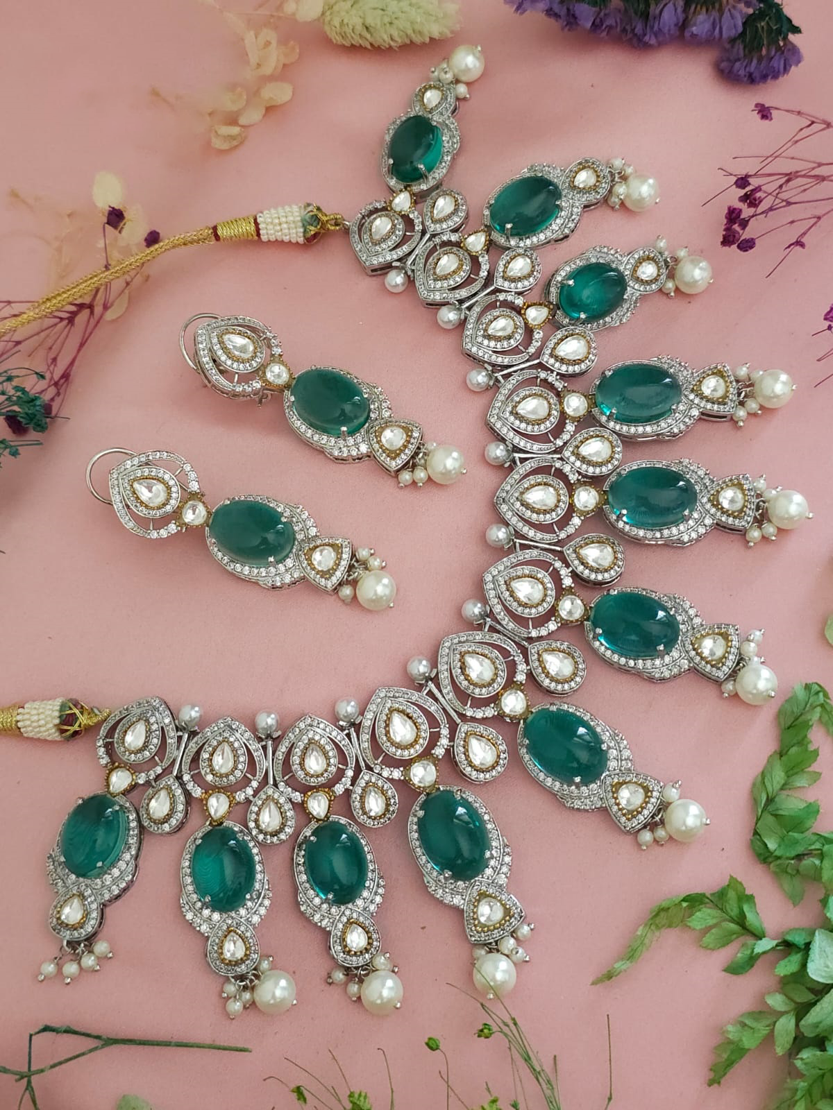 Green Polki Stone Beaded Choker Pakistani Jewelry Set, Pakistani Green Polki Necklace Set, Indian Polki choker Jewelry Set, Bollywood Green Jewelry