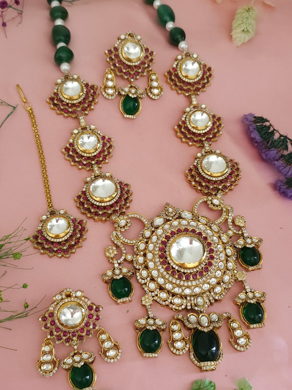 Malaika Arora Polki Necklace Earrings Maangtika Set, Malaika Arora Jaipuri Traditional Jewelry Set, Bollywood Traditional Necklace Set, Indian Polki Jewelry Set, Celebrity Polki Jewelry