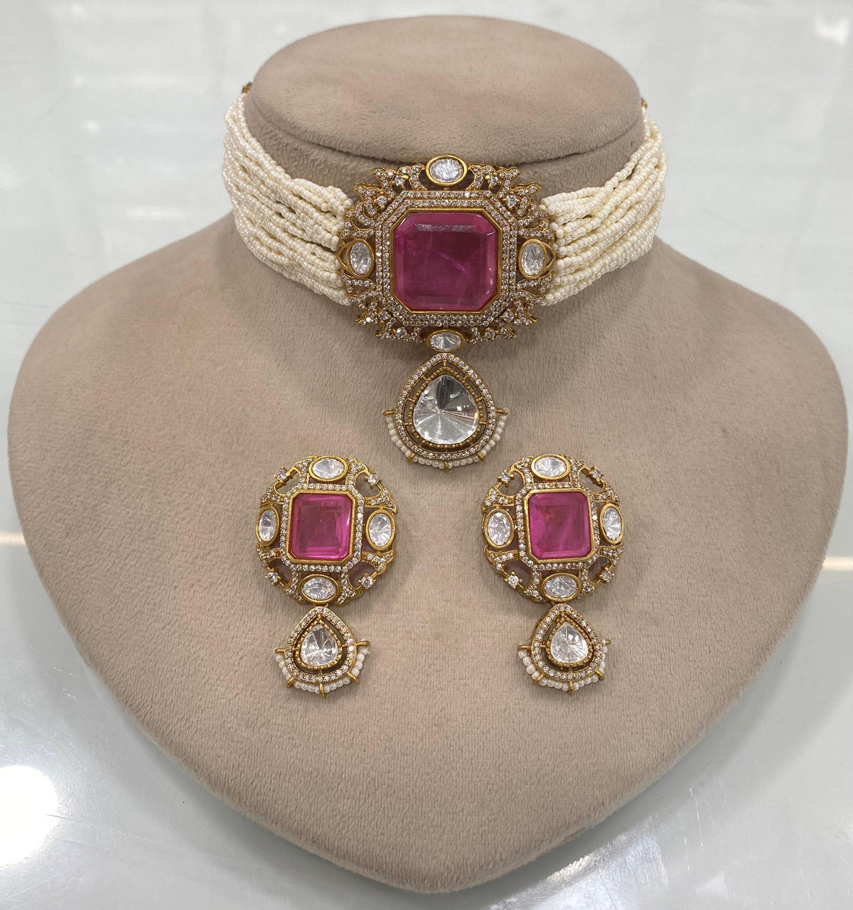 Pakistani Square Polki Choker Earrings Set, Indian Polki Choker Set, Wedding Polki Jewelry Set, Indian Jewelry Set, Bollywood Polki Choker Set, Jaipuri Jewelry Set