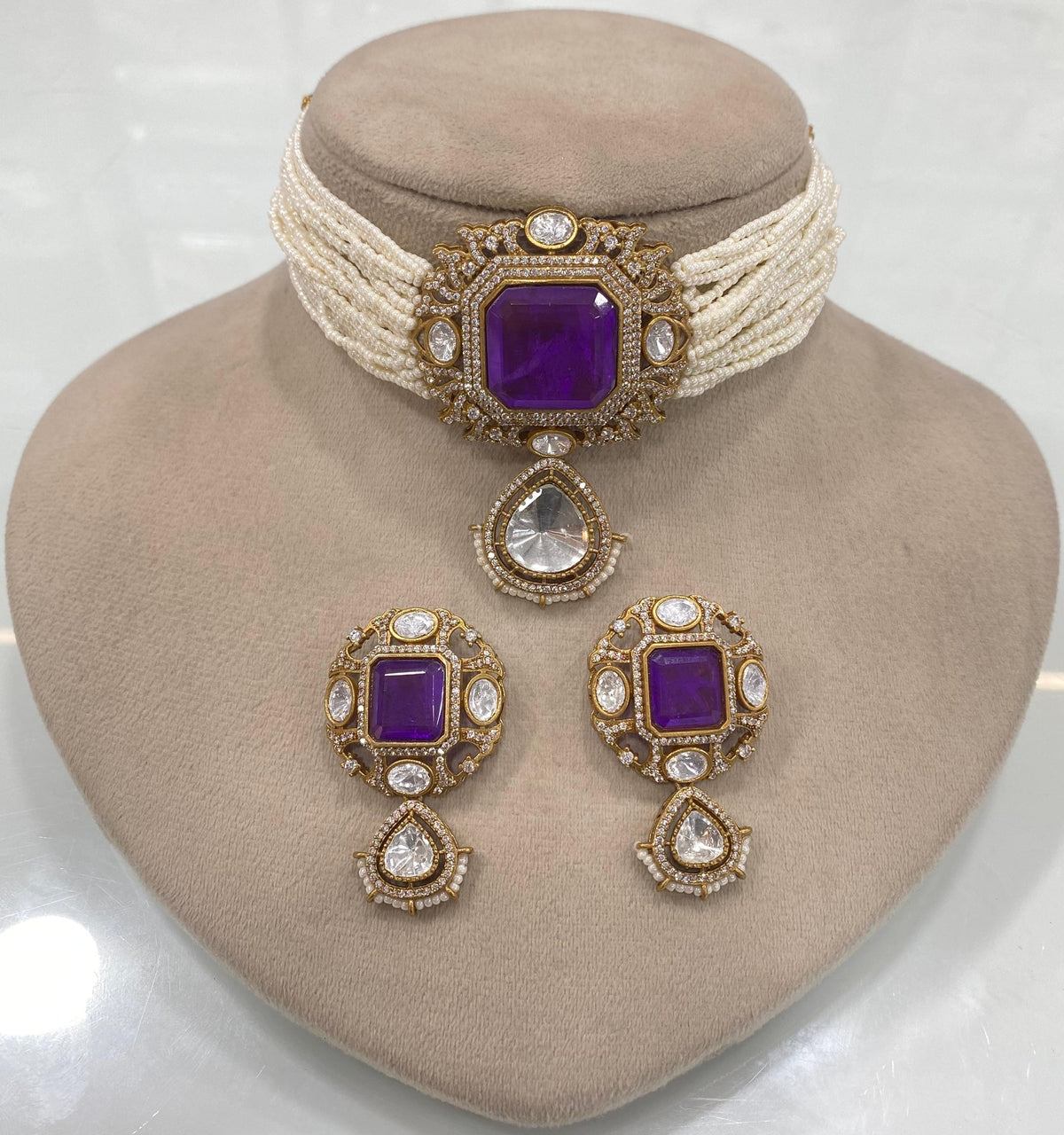 Pakistani Square Polki Choker Earrings Set, Indian Polki Choker Set, Wedding Polki Jewelry Set, Indian Jewelry Set, Bollywood Polki Choker Set, Jaipuri Jewelry Set